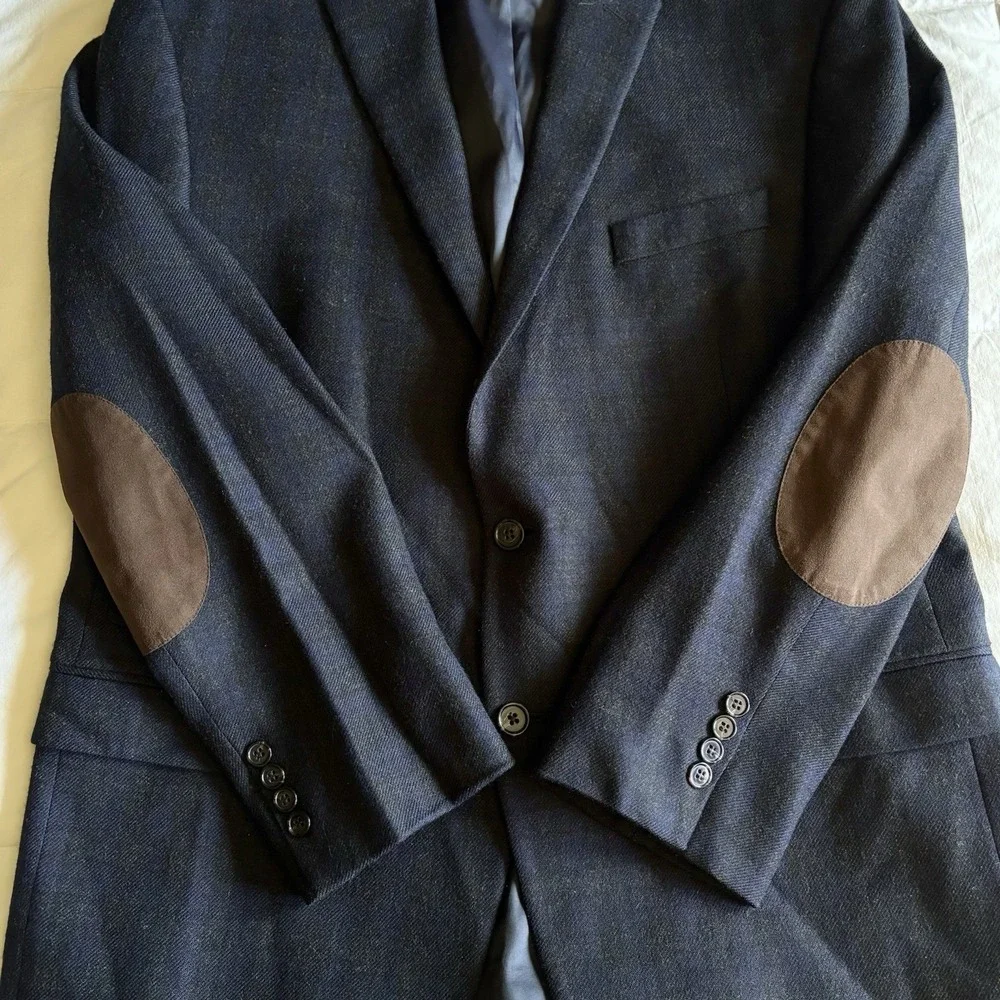 LRL Elbow Patch Blazer Sport Coat Men's 44R Wool Black Blue Check Dark Academia